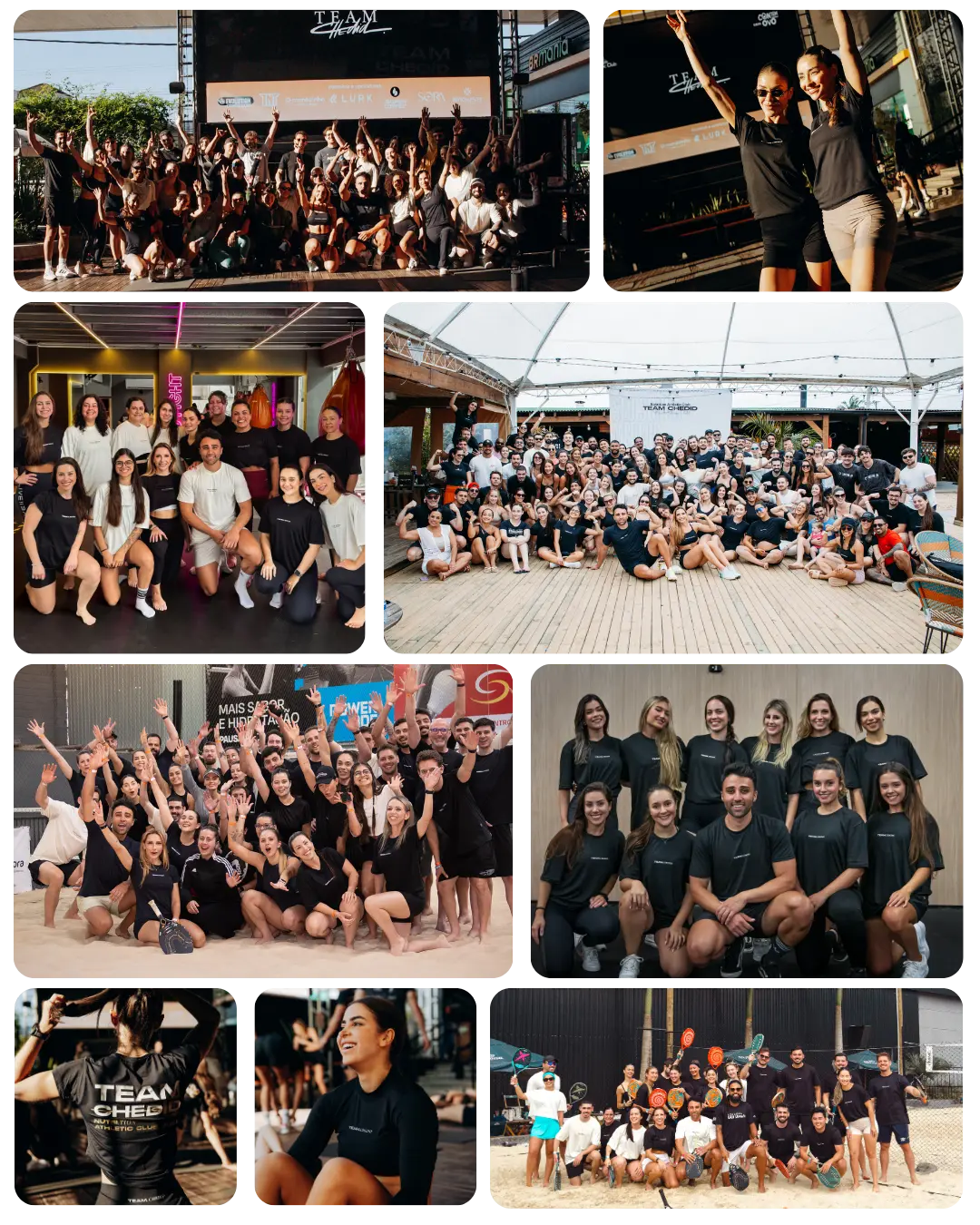 Colagem do Team Chedid com pacientes e atletas em eventos, treinos e beach tennis
